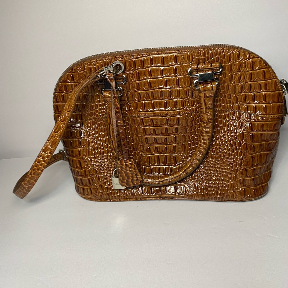 Stauer Brown Faux Crocodile Purse Handbag round top lock and key zip closure